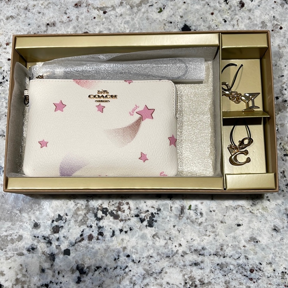 Boxed Corner Zip Wristlet With Disco Star Print